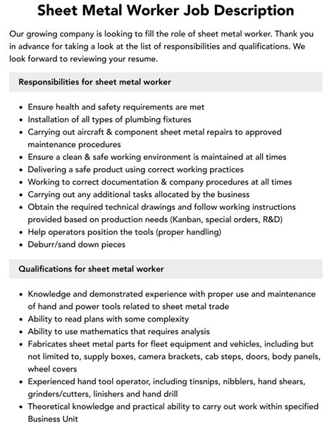 job duties for assembly line sheet metal fabrication|sheet metal foreman job description.